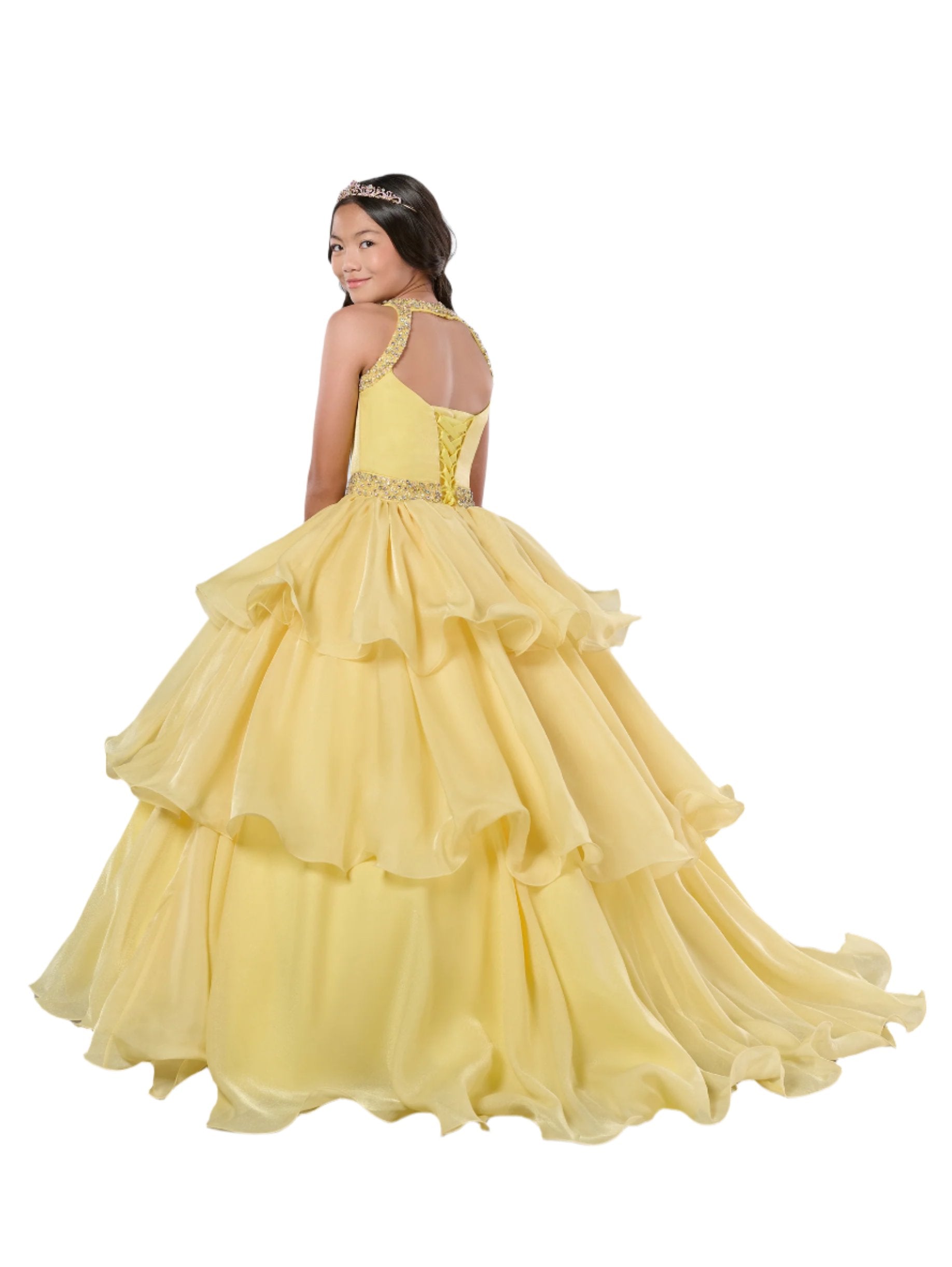 Experience the ultimate in pageant elegance with the Tiffany Princess 13787 Ruffle Layer Girls Pageant Dress. Boasting a stylishly backless design and a stunning crystal neckline, this dress is sure to make a statement. The ruffle layers add a touch of whimsy, while the high neck adds a touch of sophistication. Be the shining star of any pageant