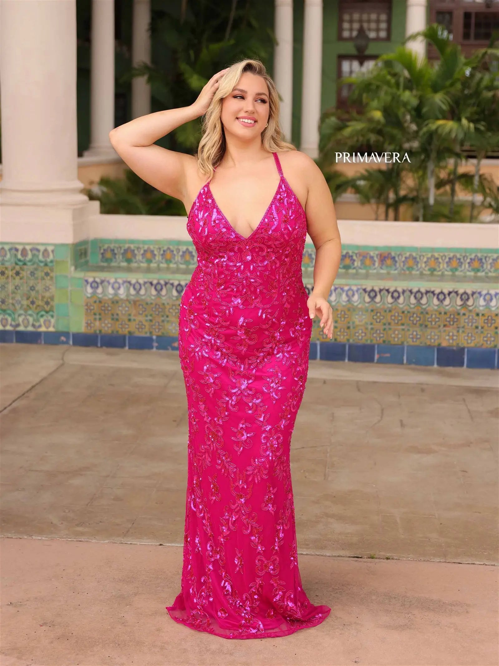Primavera Couture 14008 Size 24 Coral Long Fitted Plus Size Sequin Prom  Dress V Neck Formal Gown