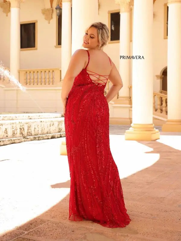 Primavera Couture 14044 Long Prom Dress Plus Size Corset Sequin Plunging  Neckline Fitted Formal Gown