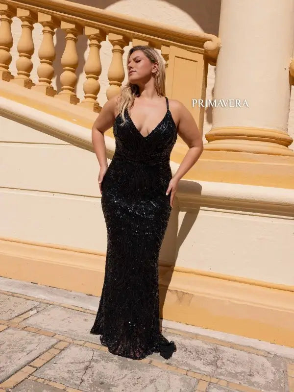 Primavera Couture 14053 Long Prom Dress Plus Size V Neck Sequin Fitted –  Glass Slipper Formals