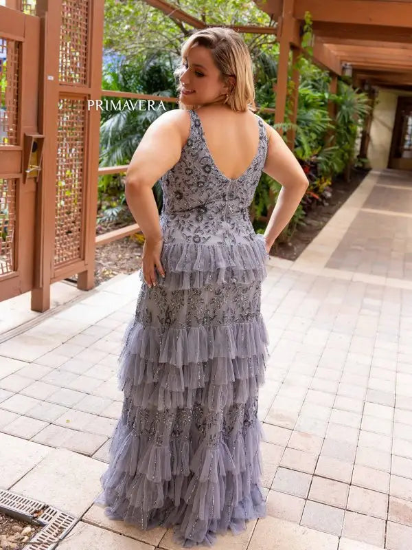 Primavera Couture 14053 Long Prom Dress Plus Size V Neck Sequin