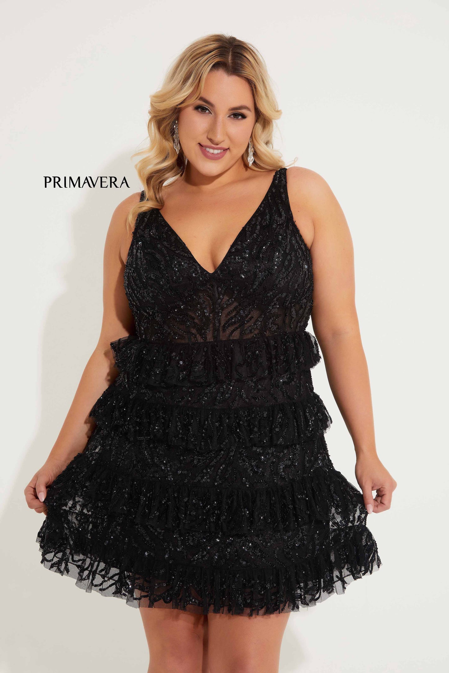 Primavera Couture 14063 Ruffle Skirt Cocktail Dress Curvy V Neckline Sequins