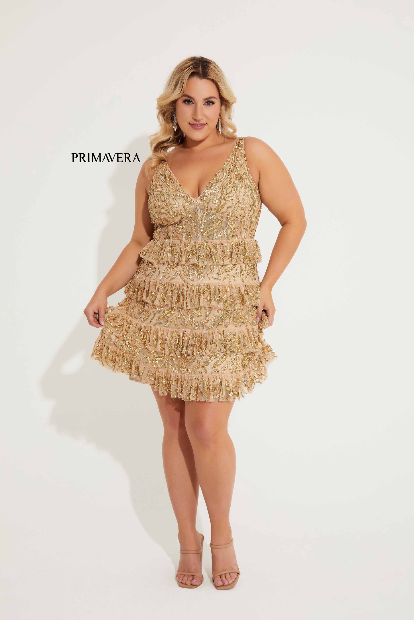 Primavera Couture 14063 Ruffle Skirt Cocktail Dress Curvy V Neckline Sequins