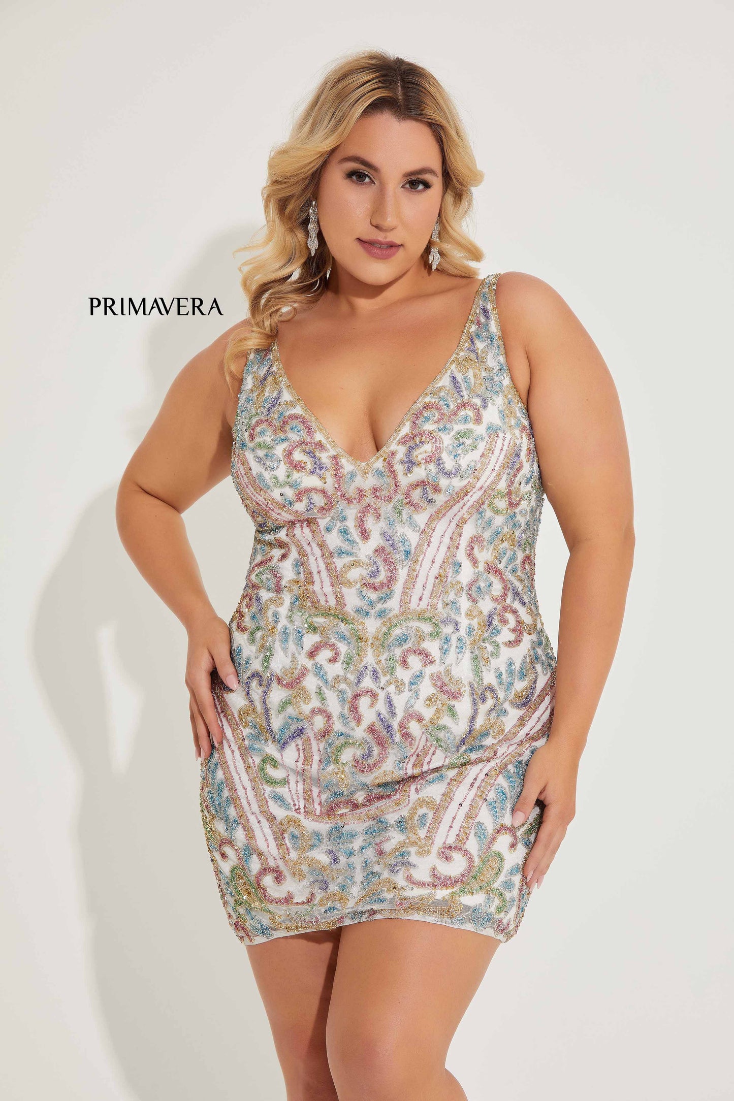 Primavera Couture 14065 Beaded Cocktail Dress Plus Sized Curvy V Neckline