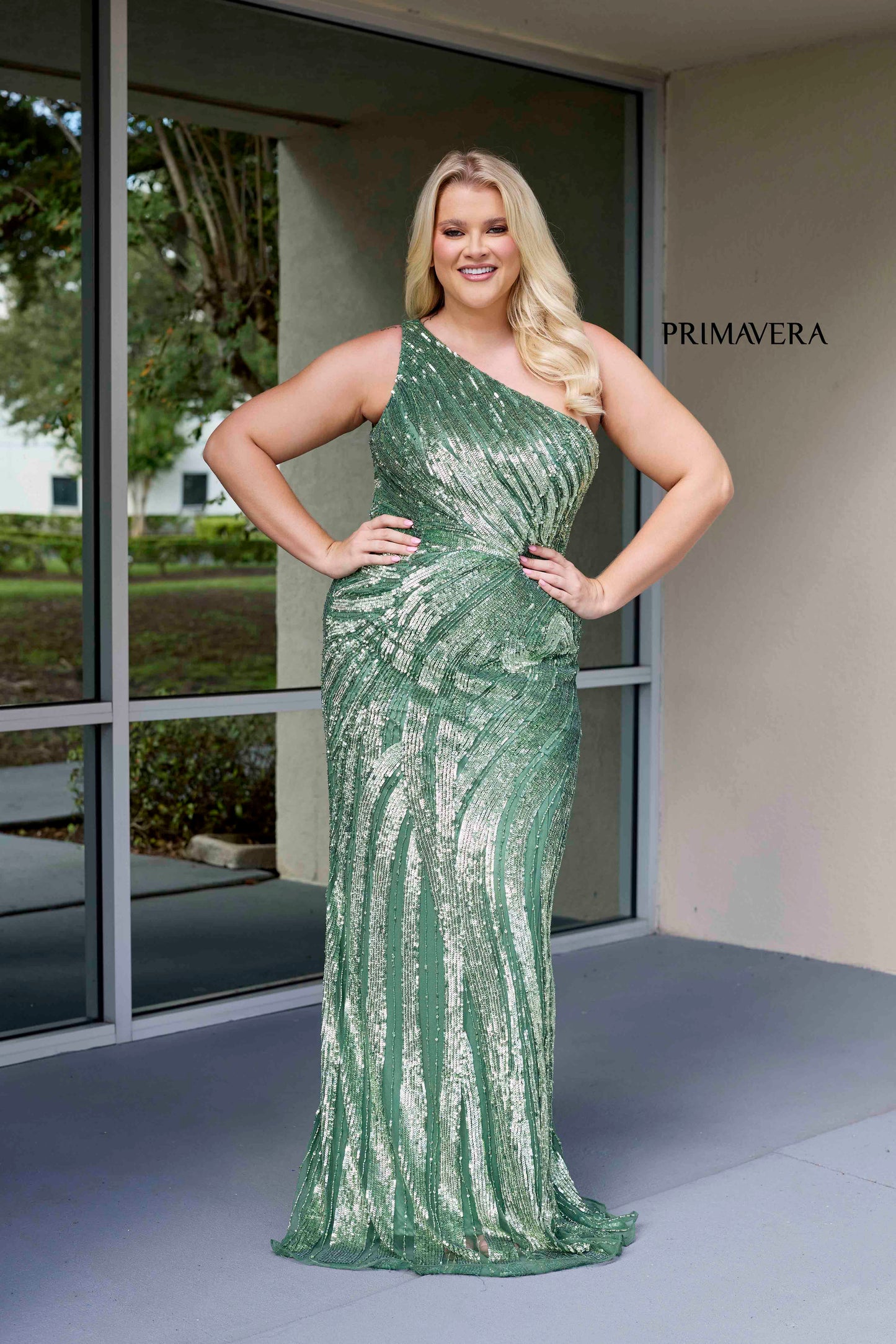 This elegant Primavera Couture 14075 plus size prom dress boasts a stunning one shoulder design with intricate sequin detailing. Perfect for formal occasions and pageants, this gown will make you stand out with its glamorous and luxurious look. Feel confident and beautiful in this figure-hugging and elegant dress.

Sizes: 14W-24W

Colors: Grape, Peacock, Red, Sage Green