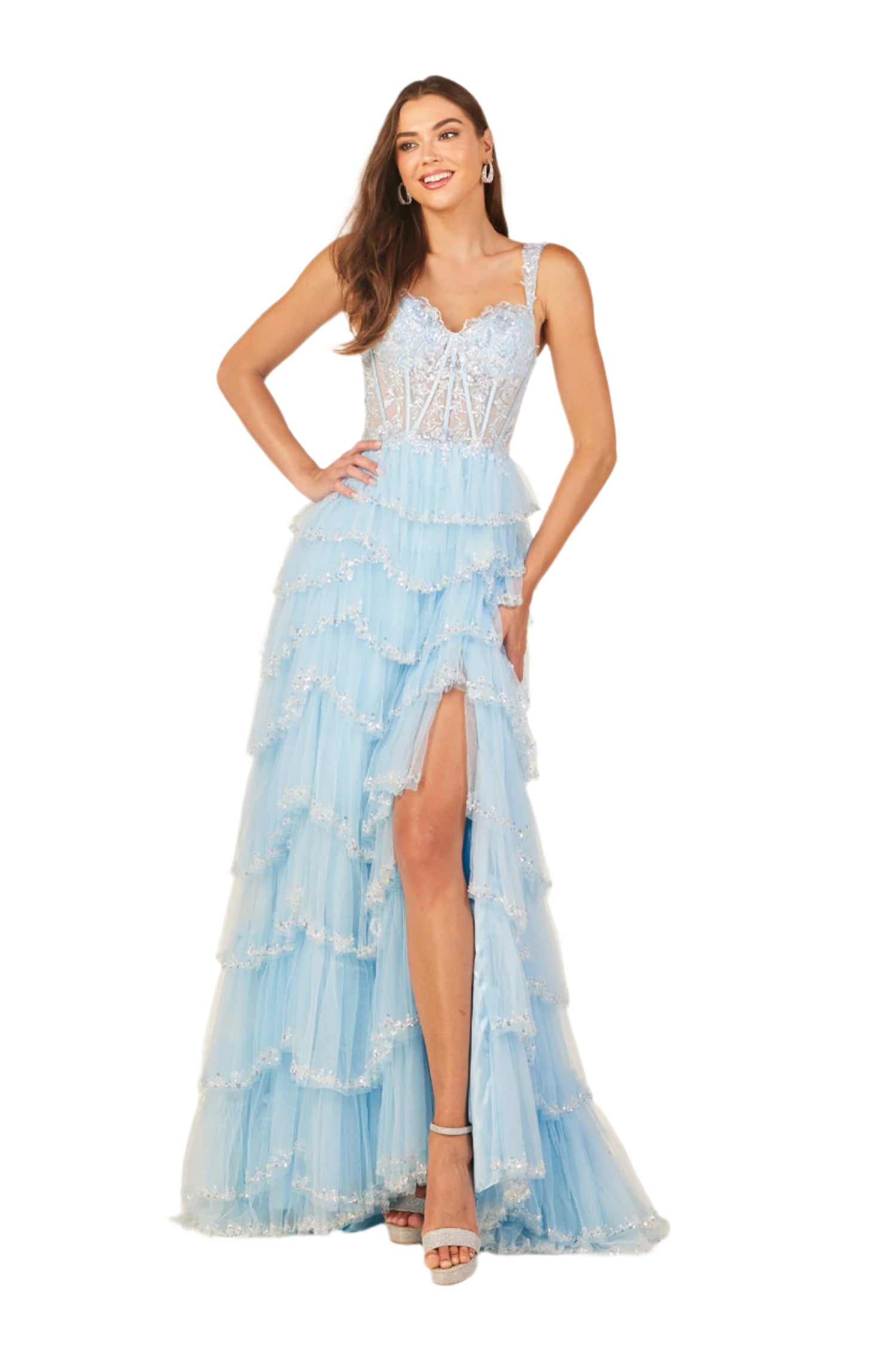 As a stunning prom dress, the Lucci Lu 1432 features intricate beaded detailing, a layered skirt design, and a lace corset top with sheer accents. The maxi length and thigh-high slit add elegance and allure, making it a perfect gown for formal events and beauty pageants.

Sizes: 0-20

Colors: Dusty Lilac, Sage Sky Blue