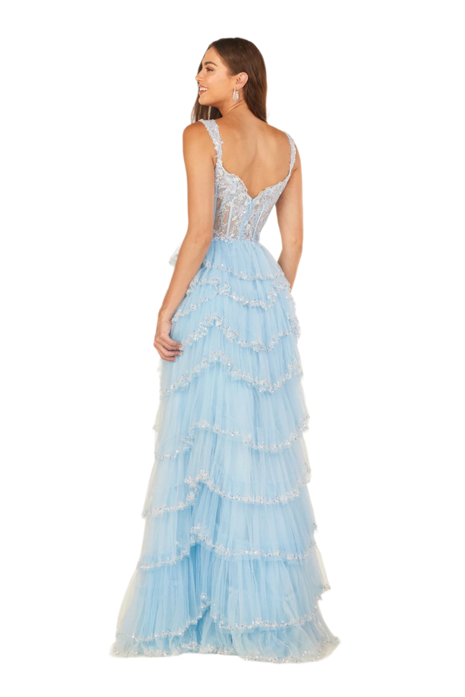 As a stunning prom dress, the Lucci Lu 1432 features intricate beaded detailing, a layered skirt design, and a lace corset top with sheer accents. The maxi length and thigh-high slit add elegance and allure, making it a perfect gown for formal events and beauty pageants.

Sizes: 0-20

Colors: Dusty Lilac, Sage Sky Blue