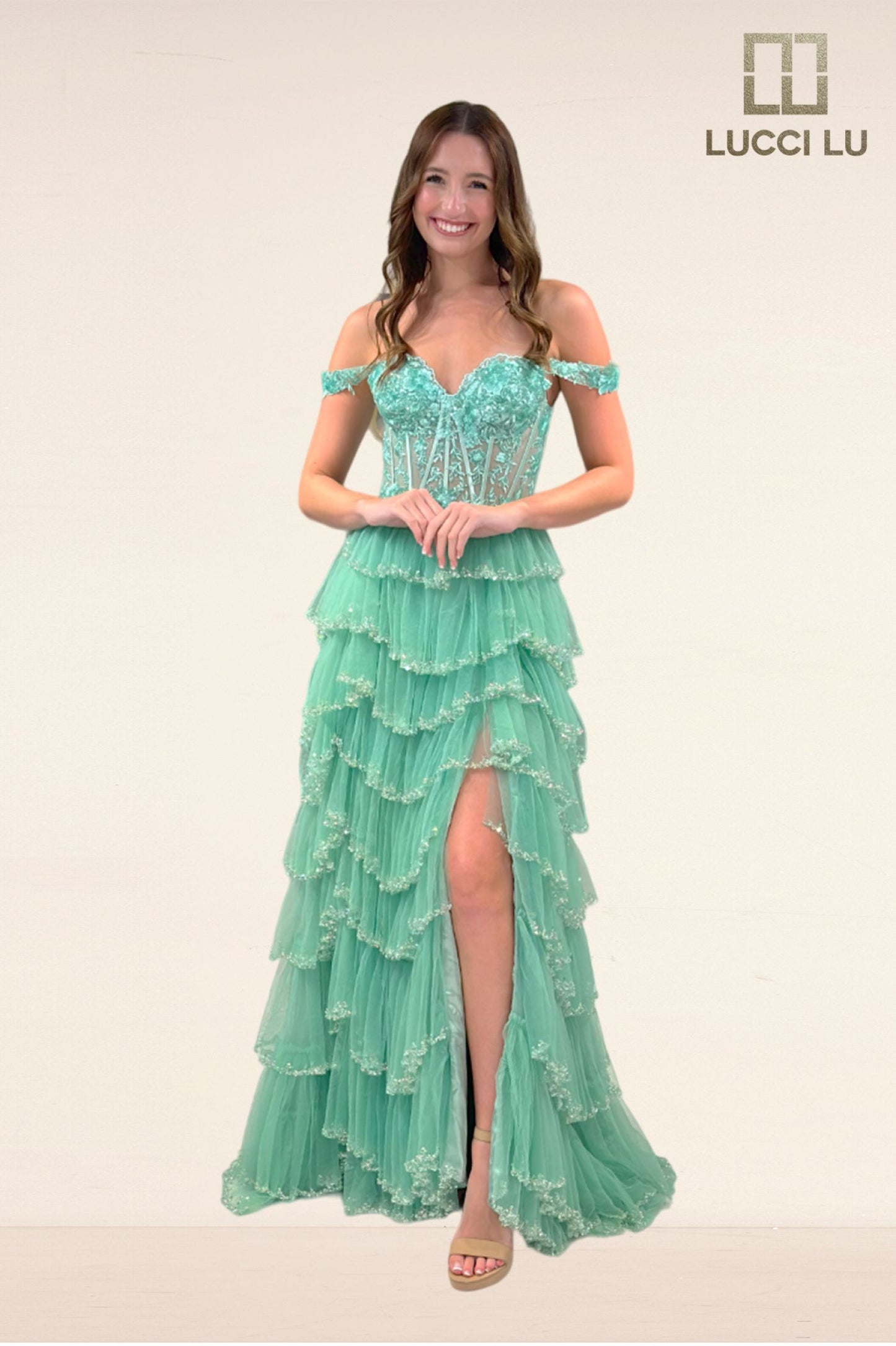 Lucci Lu 1432 Size 4, 12 Sage Beaded Layered Prom Dress Maxi Slit Lace Sheer Corset Formal Pageant Gown