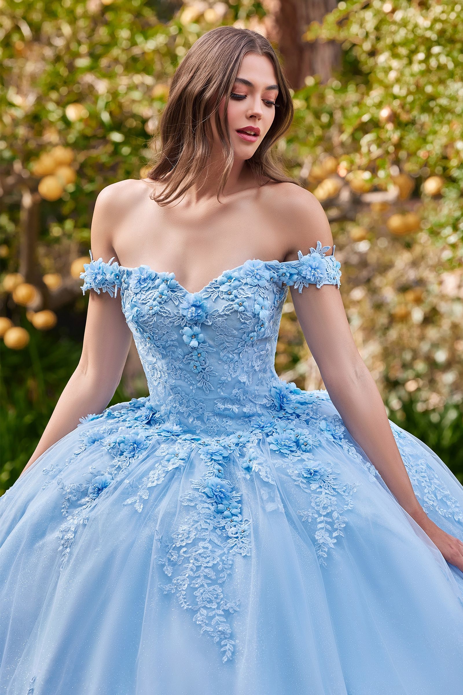 Ladivine 9315 Size 10 Light Blue Long Layered Tulle Ballgown Sheer Lace  Corset Prom Dress off the shoulder