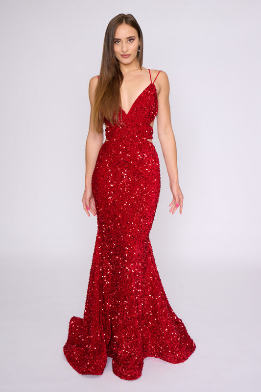 Nina Canacci 1579 Size 10 Red Long Sequin Mermaid Prom Dress Cut Out Corset V Neckline