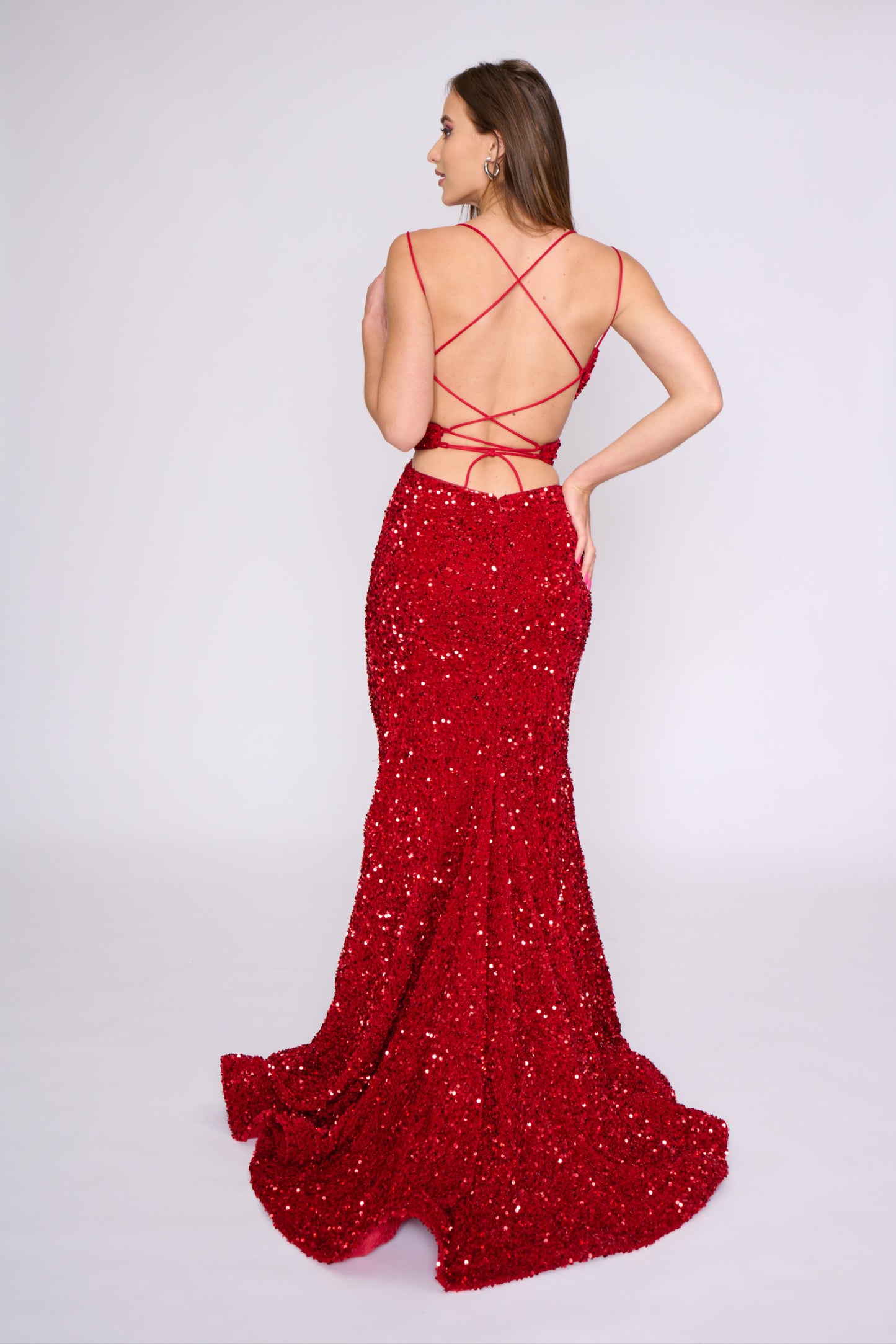 Nina Canacci 1579 Size 10 Red Long Sequin Mermaid Prom Dress Cut Out Corset V Neckline