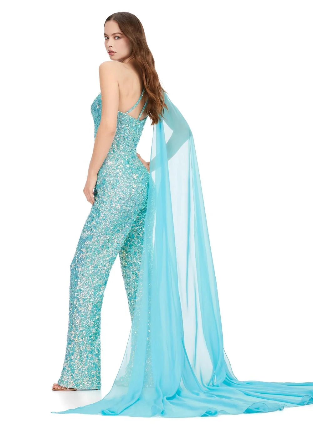 Ashley Lauren 11384 Fully Beaded With Removable Chiffon Cape One Shoulder Open Back Jumpsuit Prom Formal