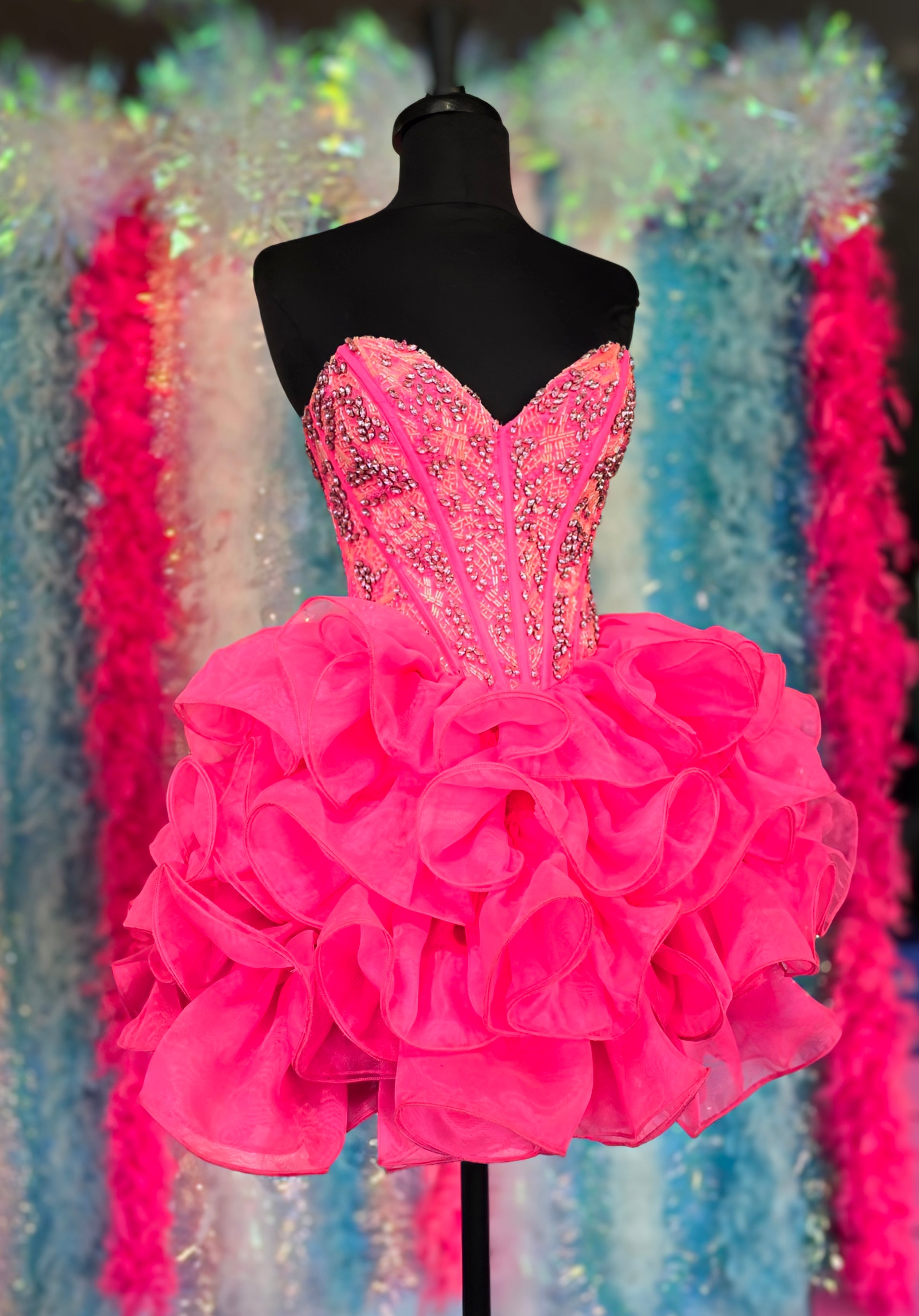 Jovani 39932 Size 0 Hot Pink Short Beaded Corset Homecoming Dress Ruff –  Glass Slipper Formals