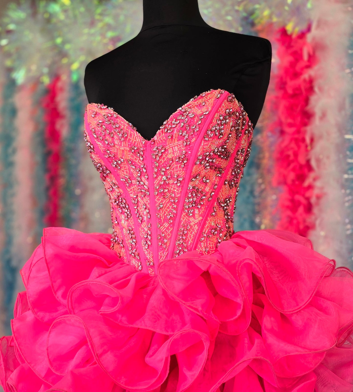 Jovani 39932 Size 0 Hot Pink Short Beaded Corset Homecoming Dress Ruffle Skirt Crystal Strapless Cocktail Dress