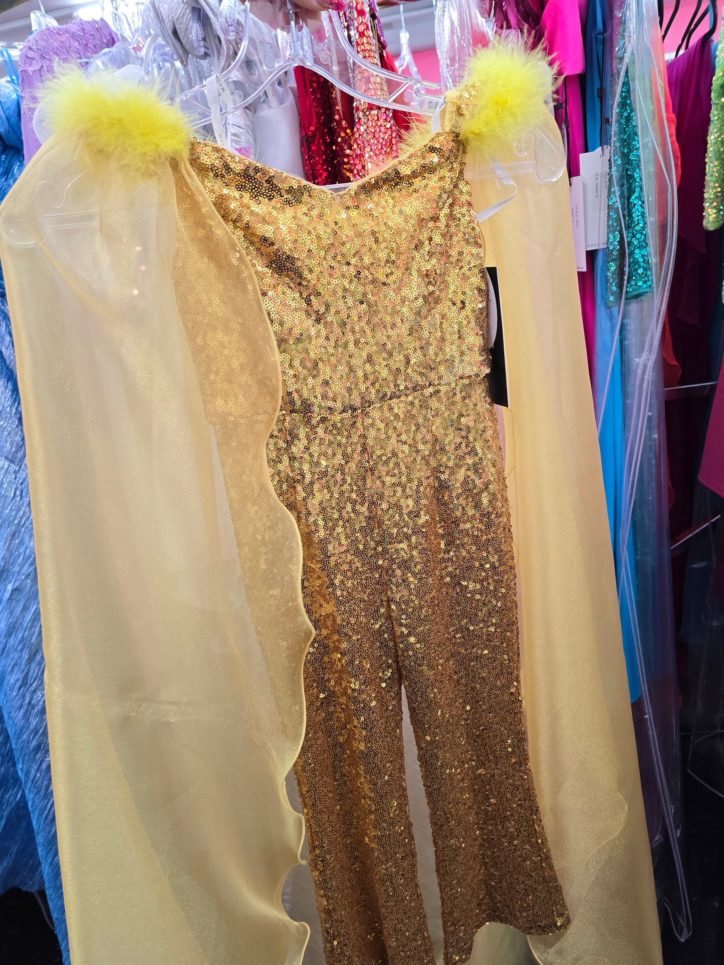 Marc Defang KIDS 8099K Size 4 Gold Pageant Jumpsuit sequins off the shoulder straps cape and feathers