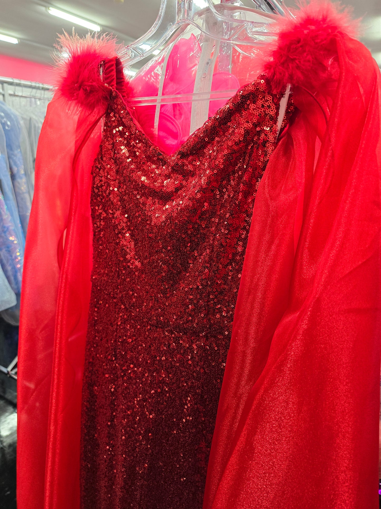 Marc Defang KIDS 8099K Size 14 Red Pageant Jumpsuit sequins off the shoulder straps cape and feathers