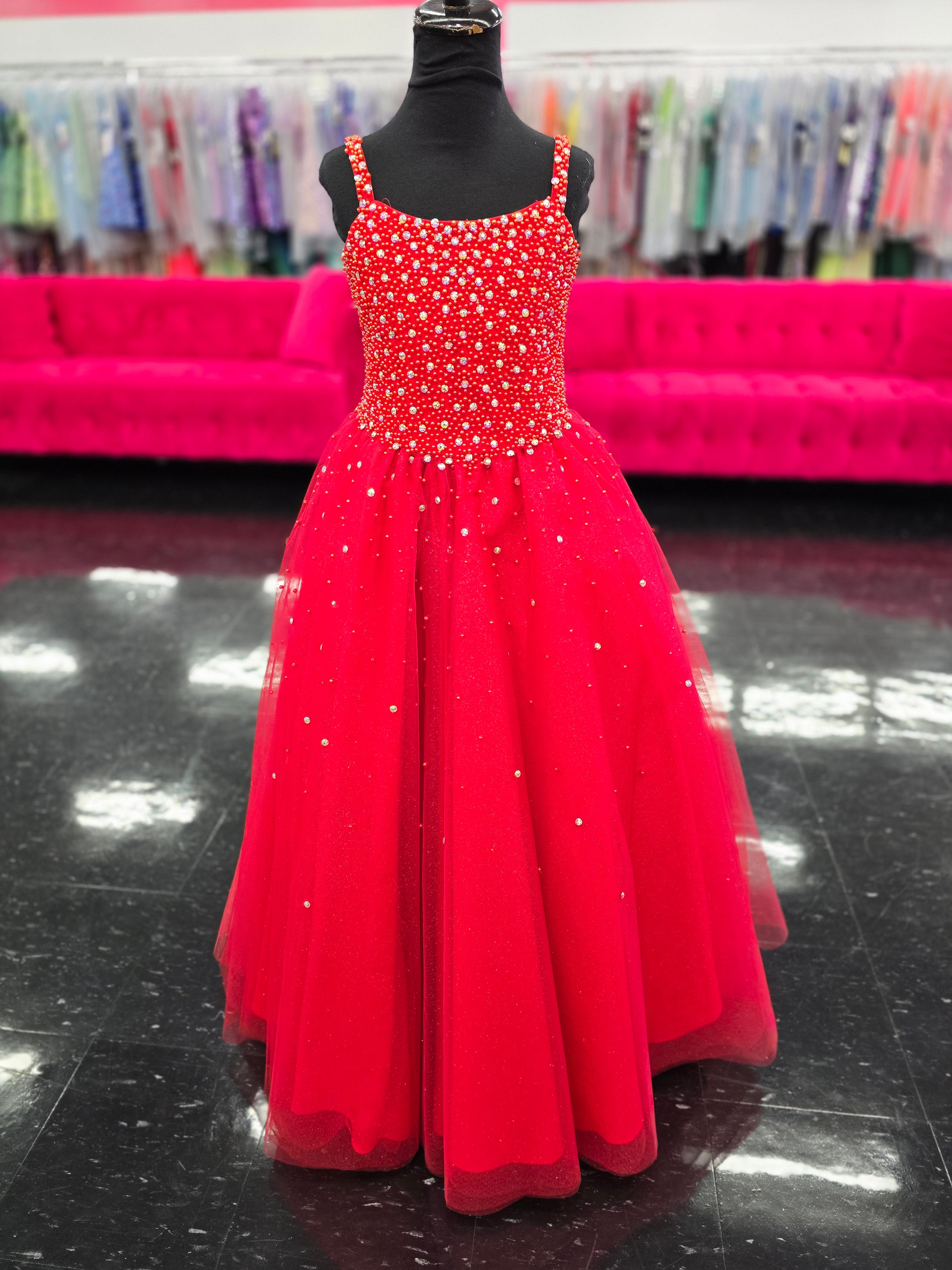 Tiffany Princess 13739 Size 8 Red Girls Pageant Dress Tulle Pearl Bead Glass Slipper Formals