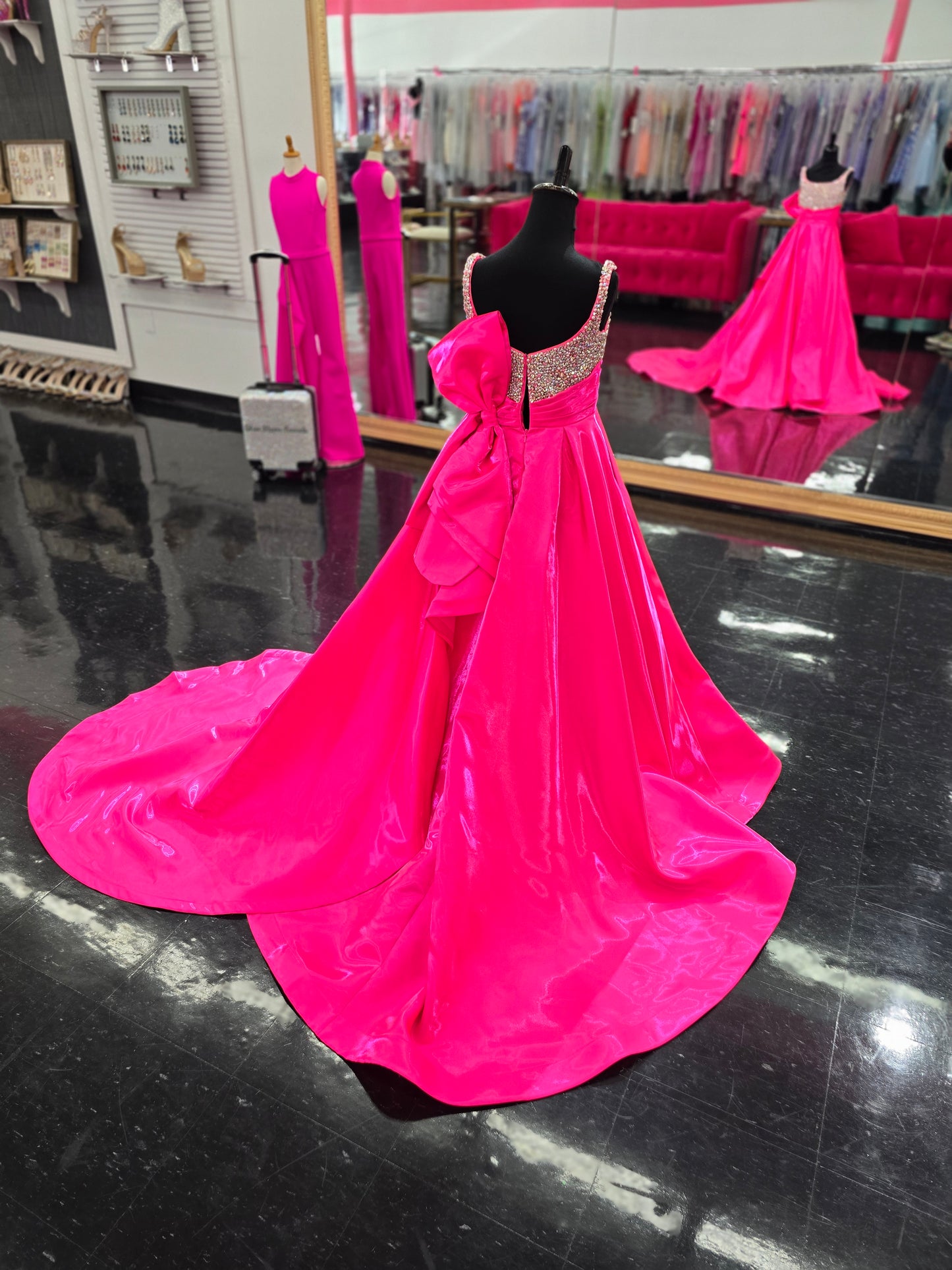 Ashley Lauren 8278 Size 8 Hot Pink Girls Satin Ballgown Large Bow Pageant Dress Crystal Bodice Gown