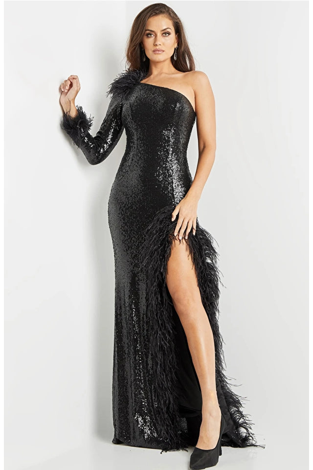 Jovani 22895 Sequin Dress Long Sleeve Feather Cuff Embellished High Fe ...