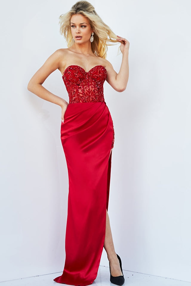 Jovani 22911 Satin Dress With Ruching And High Slit Embellished