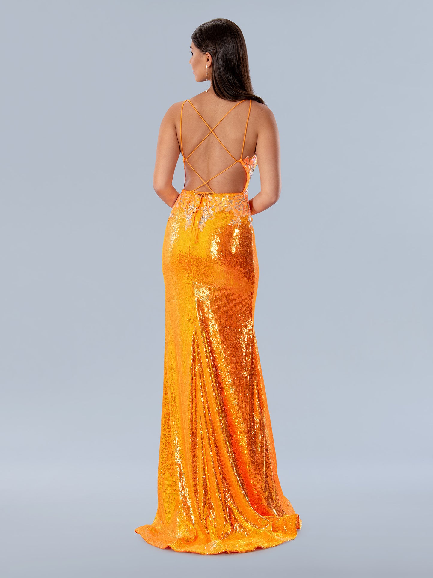 Look incredibly stunning with Stella Couture's 24176 Sheer Beaded Sequin Maxi Slit Prom Dress. Featuring a backless corset design and full-length skirt with a high slit, this dress is perfect for any formal event. Allover beading and sequin detailing complete the stunning look.  Sizes: 0-16  Colors: Orange