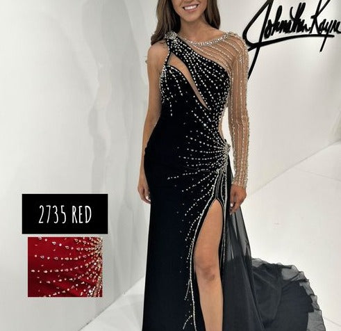 Johnathan Kayne 2735 Long stretch Velvet chiffon maxi slit single shoulder  long sleeve evening dress