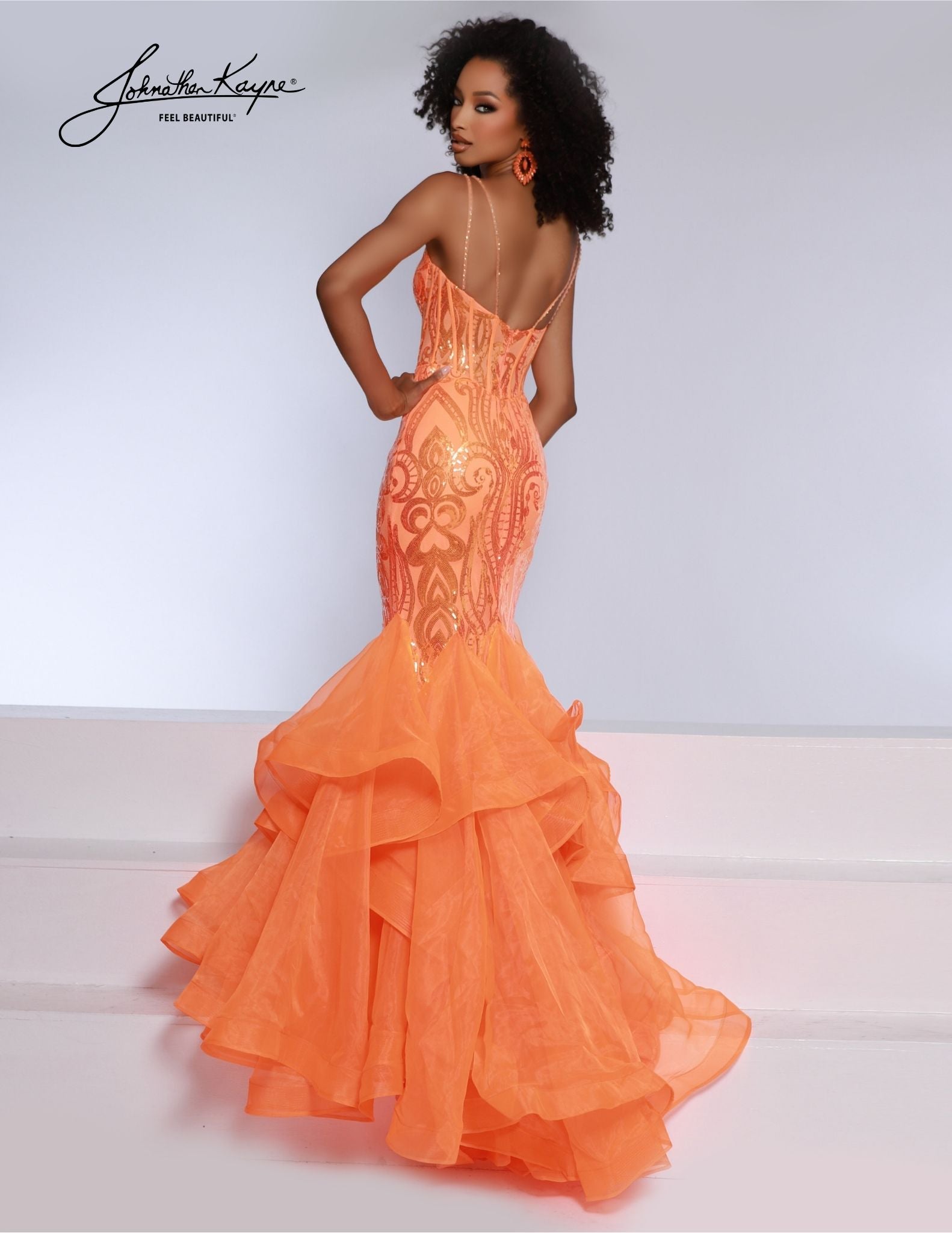 Johnathan Kayne 2835 Long Prom Dress Ruffle Mermaid Corset V Neck Formal Pageant Gown 4 Orange Glass Slipper Formals