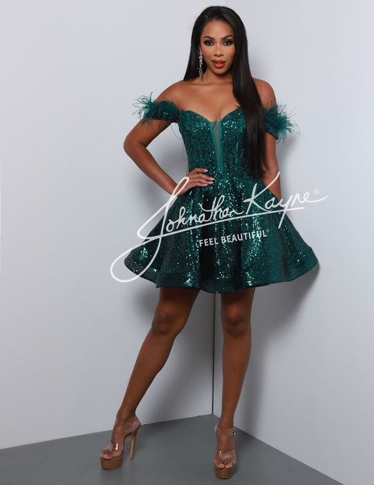 This Johnathan Kayne dress boasts a stunning corset bodice and feather accents, perfect for a formal cocktail event. With a short, off the shoulder design and intricate sequin lace, this dress is both elegant and chic. Feel confident and stylish in this one-of-a-kind gown.