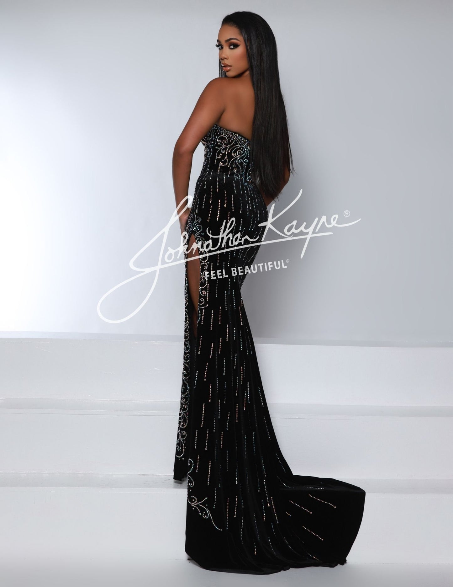 Johnathan Kayne 2944 Stretch Velvet Evening Gown Strapless Plunging V Neckline Slit Train