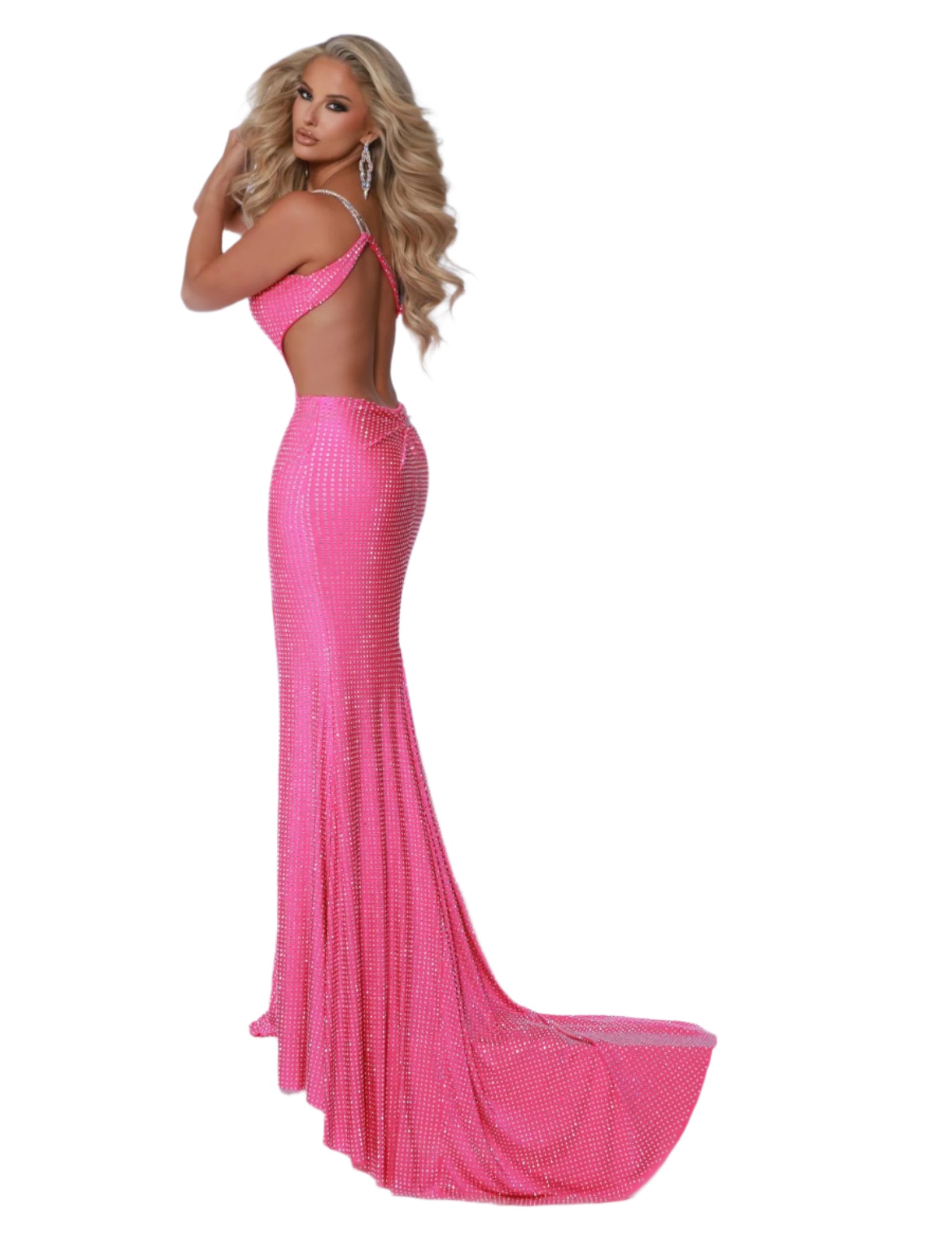 Experience elegance and glamour with the Johnathan Kayne 3000 Long Backless Pageant Dress. The crystal detailing and one-shoulder design add a touch of sophistication, while the cut-out side adds a hint of allure. Perfect for proms and pageants. Make a statement at prom night with this stunning one-shoulder gown! The 4 way stretch lycra and leg slit will have you dancing all night long. Let's not forget about the beautiful sparkle that will have all eyes on you.

Sizes:

Colors: Barbie Pink, Light Perry, Ro