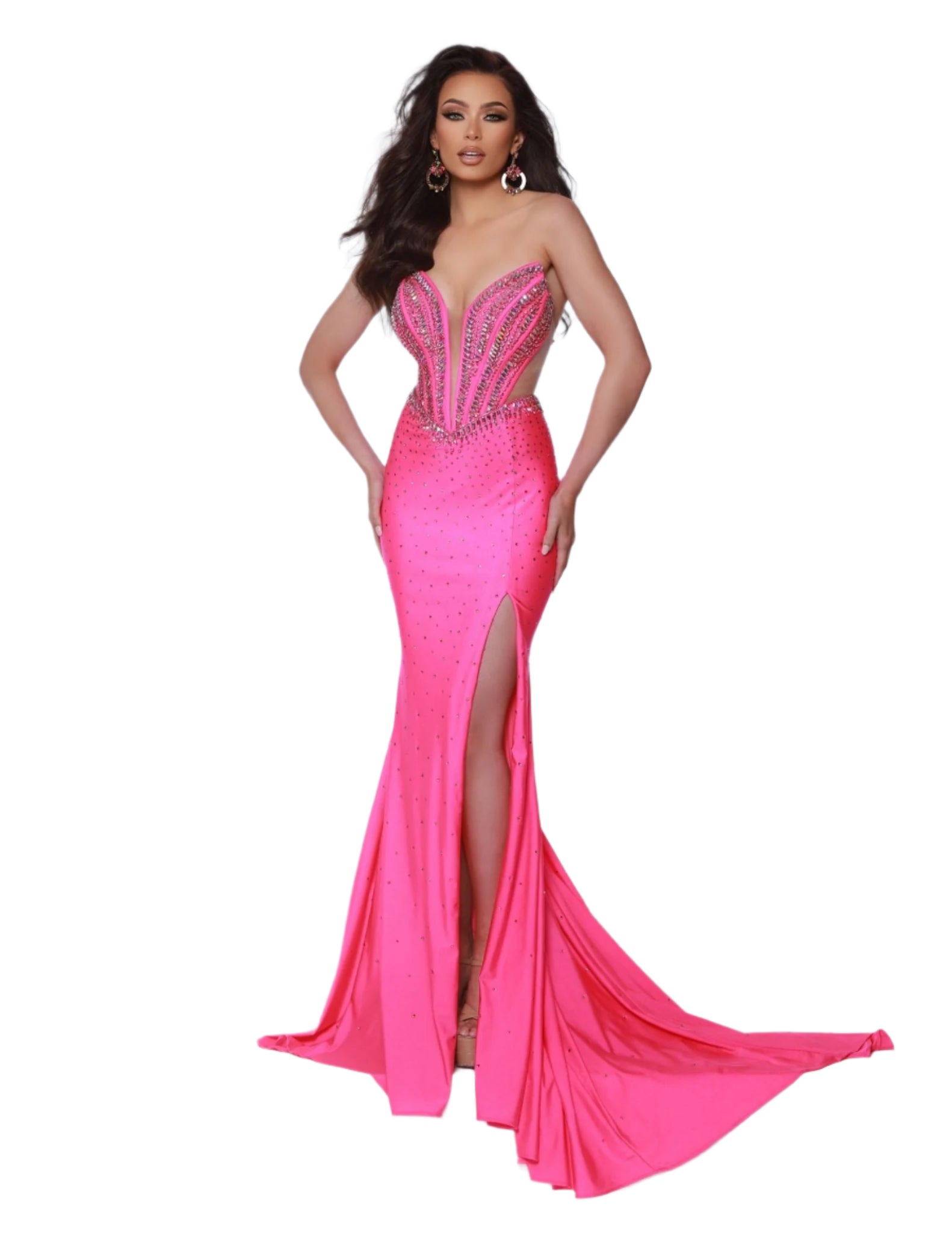 The Johnathan Kayne 3001 Sheer Cut out Crystal Slit Prom Dress is designed to make you stand out at any formal event. With a plunging neckline and sheer cutouts, this dress will highlight your figure while the crystal embellishments add a touch of glamour. Perfect for proms, pageants, and other special occasions. Get ready to slay the prom game in this strapless beauty featuring a daring plunge and flattering mesh cutouts. Whether you're striking a pose or dancing, this dress has just the right amount of pi