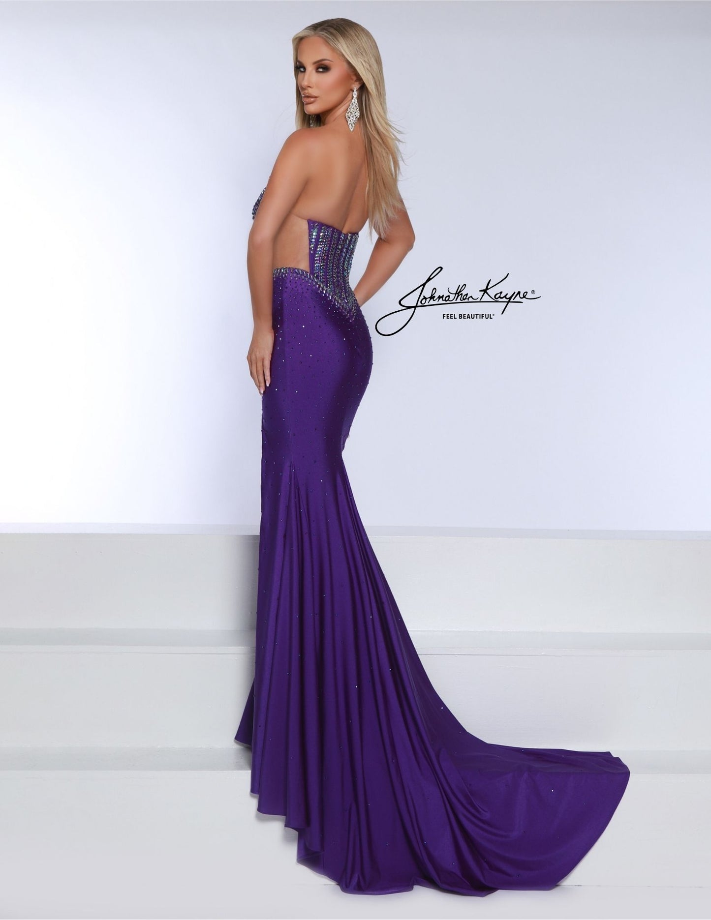 Johnathan Kayne 3001 Size 8 Purple Sheer Cut Out Crystal Slit Prom Dress Pageant Formal Wear Plunging Neckline