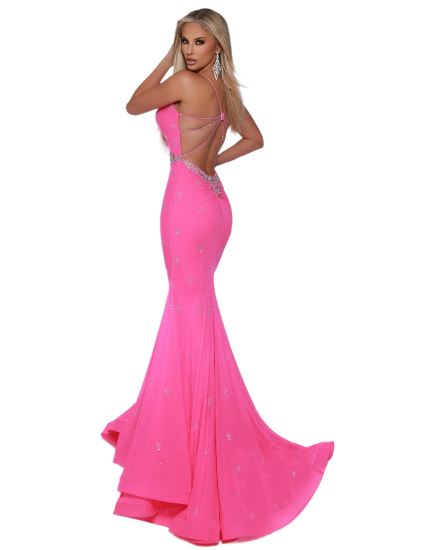 This Johnathan Kayne 3008 prom dress is a stunning choice for any formal event. Its mermaid silhouette and V-neckline flatter the figure, while the backless design adds a touch of elegance. Adorned with crystal details, this dress is sure to make you stand out.&nbsp;On the hunt for a dress that screams sophistication with a side of sass? Well look no more! Behold this show-stopping number with a jaw-dropping open back and strap detail that will have everyone talking about your killer style.

Sizes: 00-16

C