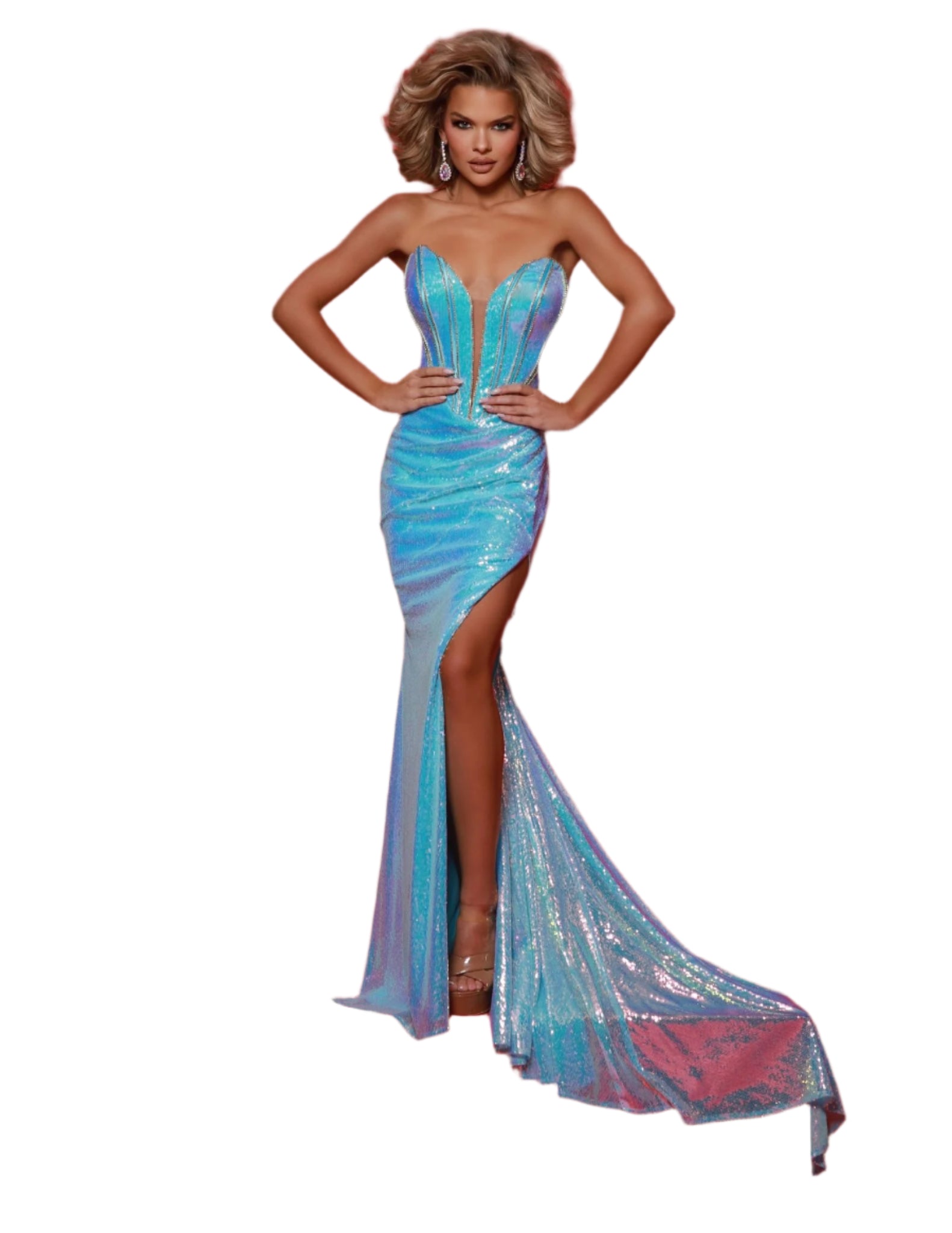 This Johnathan Kayne 3010 Prom Dress is the epitome of glamour. The sequin corset and plunging neckline add a touch of sexiness, while the strapless train and high slit create a stunning silhouette. Perfect for prom or any pageant event. Stand out from the crowd in this show-stopping gown. The exposed boning adds a unique twist to the classic strapless silhouette, while the full sequin mesh material shimmers and shines with every move.

Sizes: 00-16

Colors: Aqua, Lemon, Neon Pink