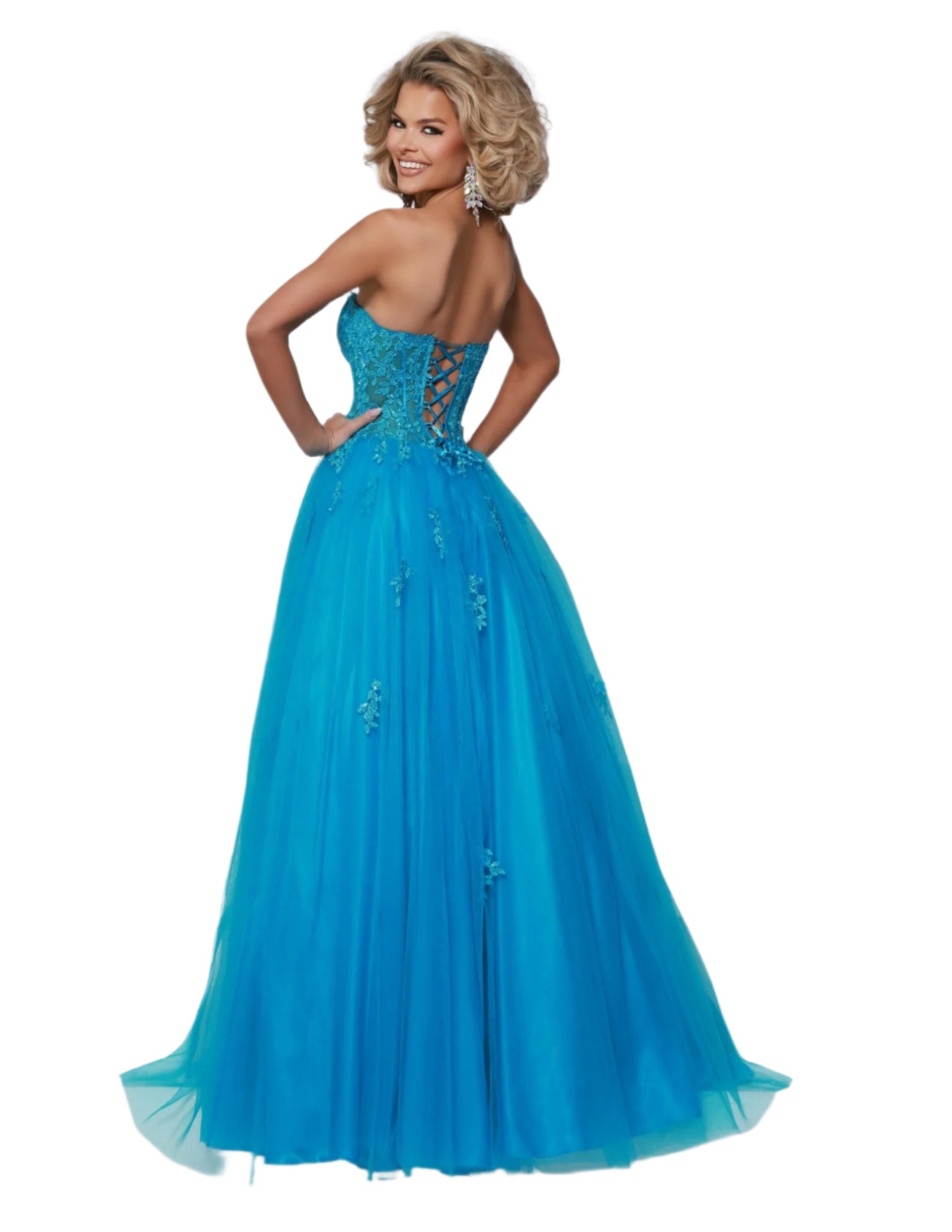 This Johnathan Kayne 3019 prom dress combines a sheer corset and lace sleeves with a pleated ballgown and a strapless neckline for a stunning and versatile style. The corset provides a flattering fit, while the lace adds a touch of elegance. Perfect for making a statement at prom or any formal event. Pleated tulle ballgown and exposed boning bodice: snug where it matters, twirl-ready skirt. Perfect for prom royalty! Change your look with detachable sleeves.

Sizes: 00-16

Colors: Hot Pink, Turquoise