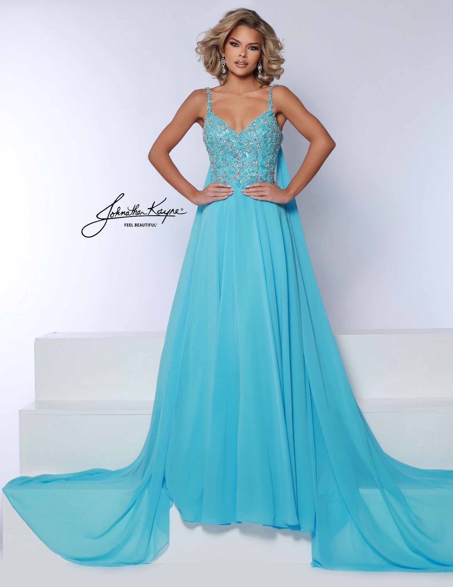 Johnathan Kayne 3048 Size 10 Aqua Crystal A Line Pageant Dress Cape Chiffon Prom Dress V Neck