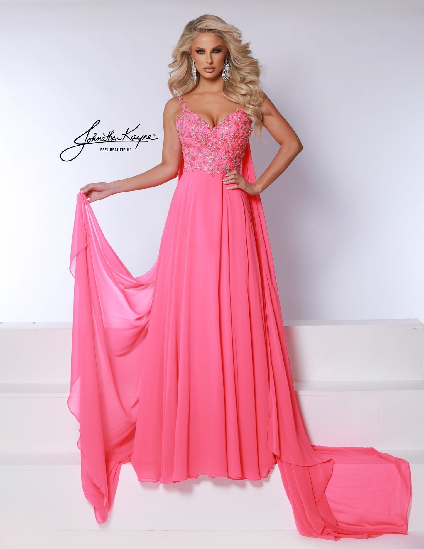 Johnathan Kayne 3048 Size 4 Hot Pink Crystal A Line Pageant Dress Cape Chiffon Prom Dress V Neck