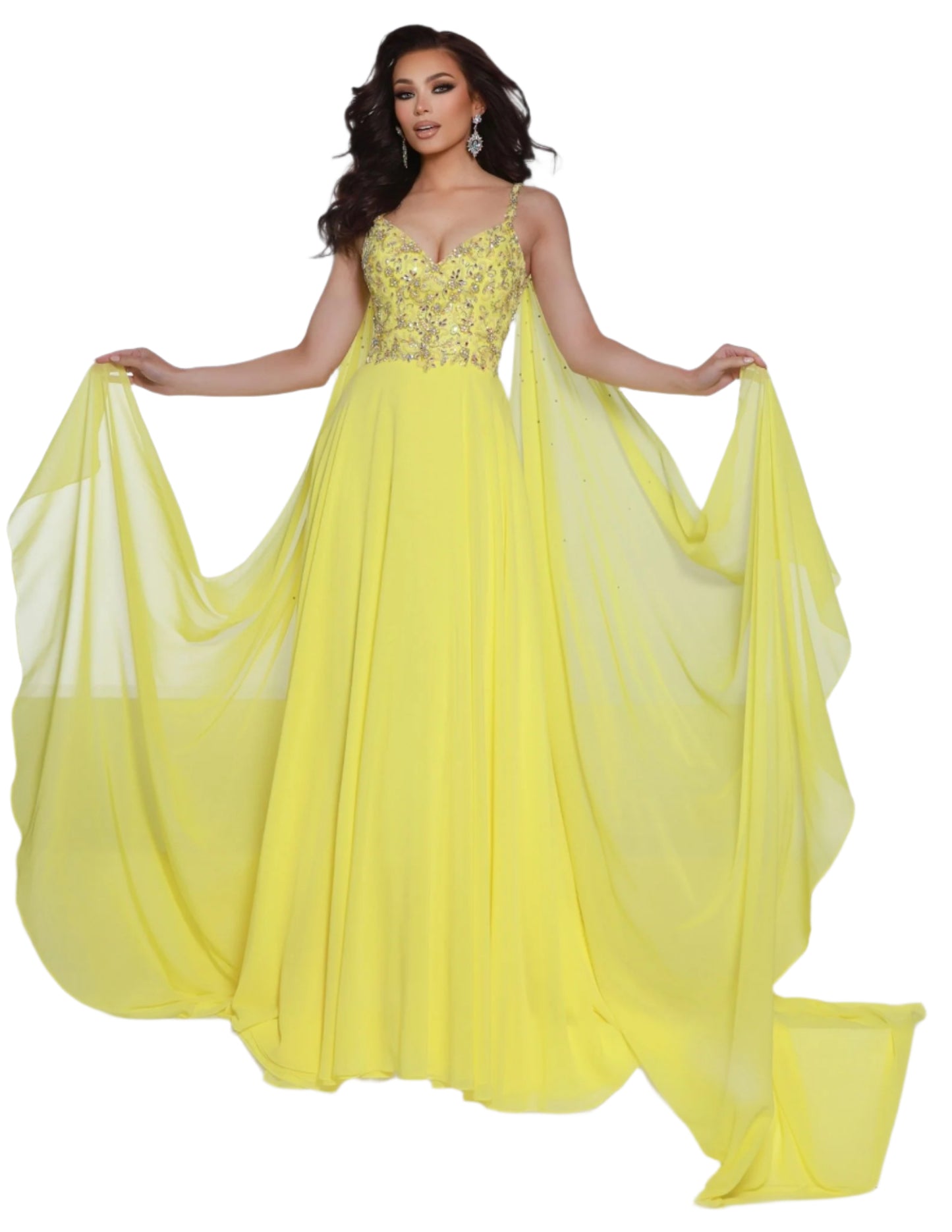 Expertly designed by Johnathan Kayne, this stunning A Line Pageant Dress features a glamorous crystal embellished cape, a flowy chiffon skirt, and a sophisticated V neckline. Step onto the stage in style and exude confidence with this must-have prom dress. Buy now or cry later! Transform into your most fabulous self with this enchanting dress. With the beaded bodice and magical shoulder cape attachments, you'll fly far away from basic.

Sizes: 00-20

&nbsp;Colors: Aqua, Hot Pink, Lemon, White