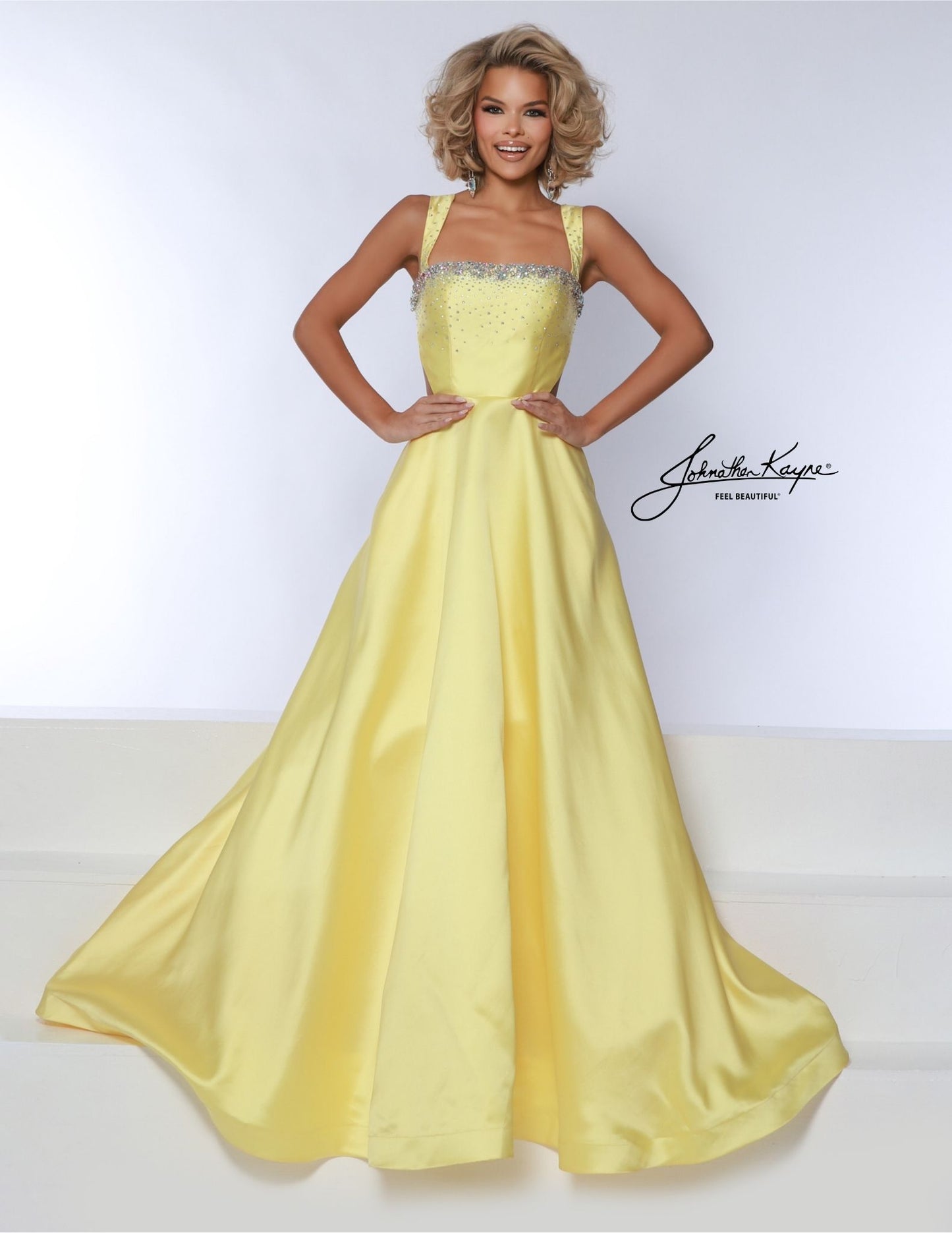 Johnathan Kayne 3050 Straight Neckline Ballgown Prom Dress Wide Straps Mikado Cut Outs