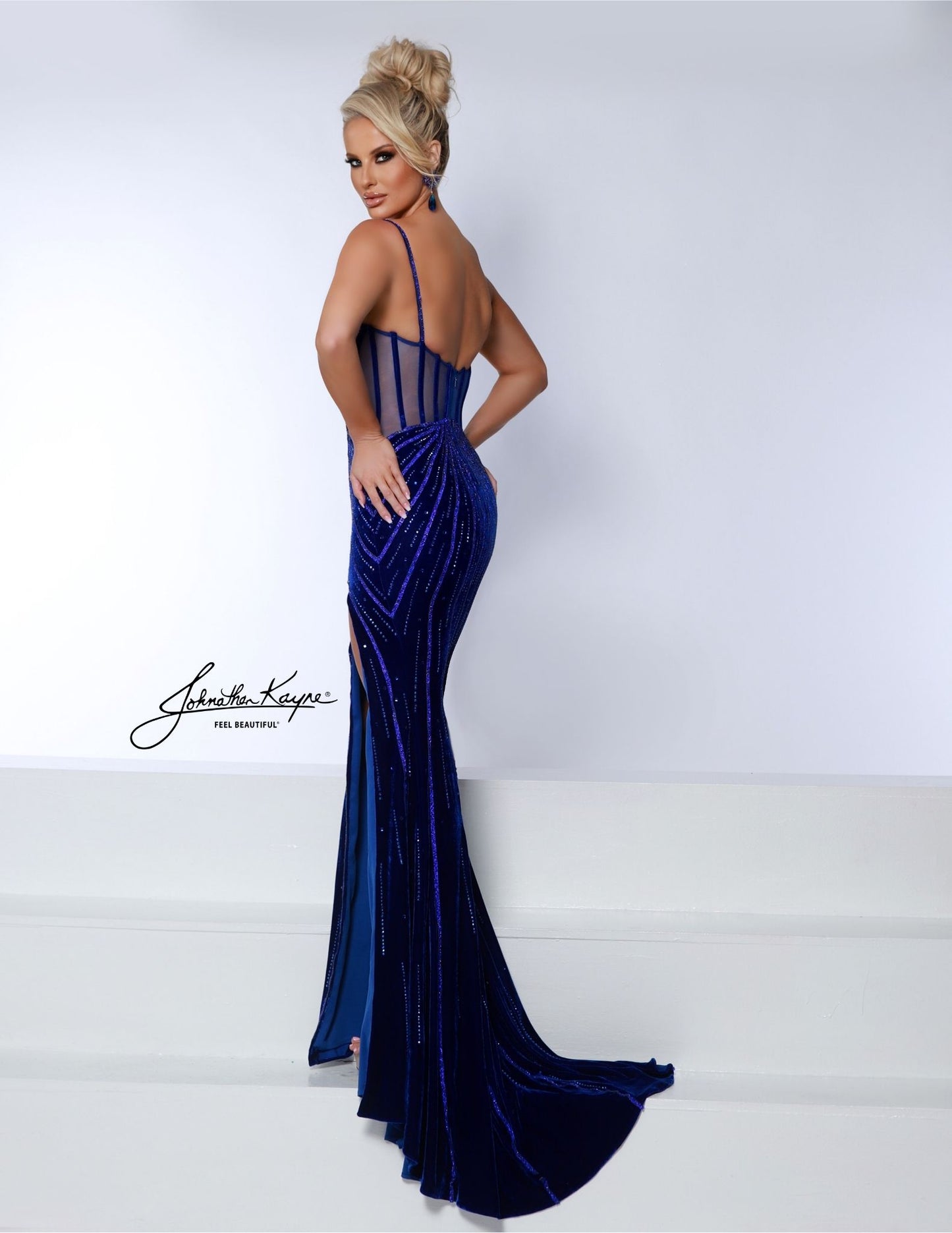 Johnathan Kayne 3065 Long Velvet Sheer Prom Dress Corset Crystal Slit V Neck