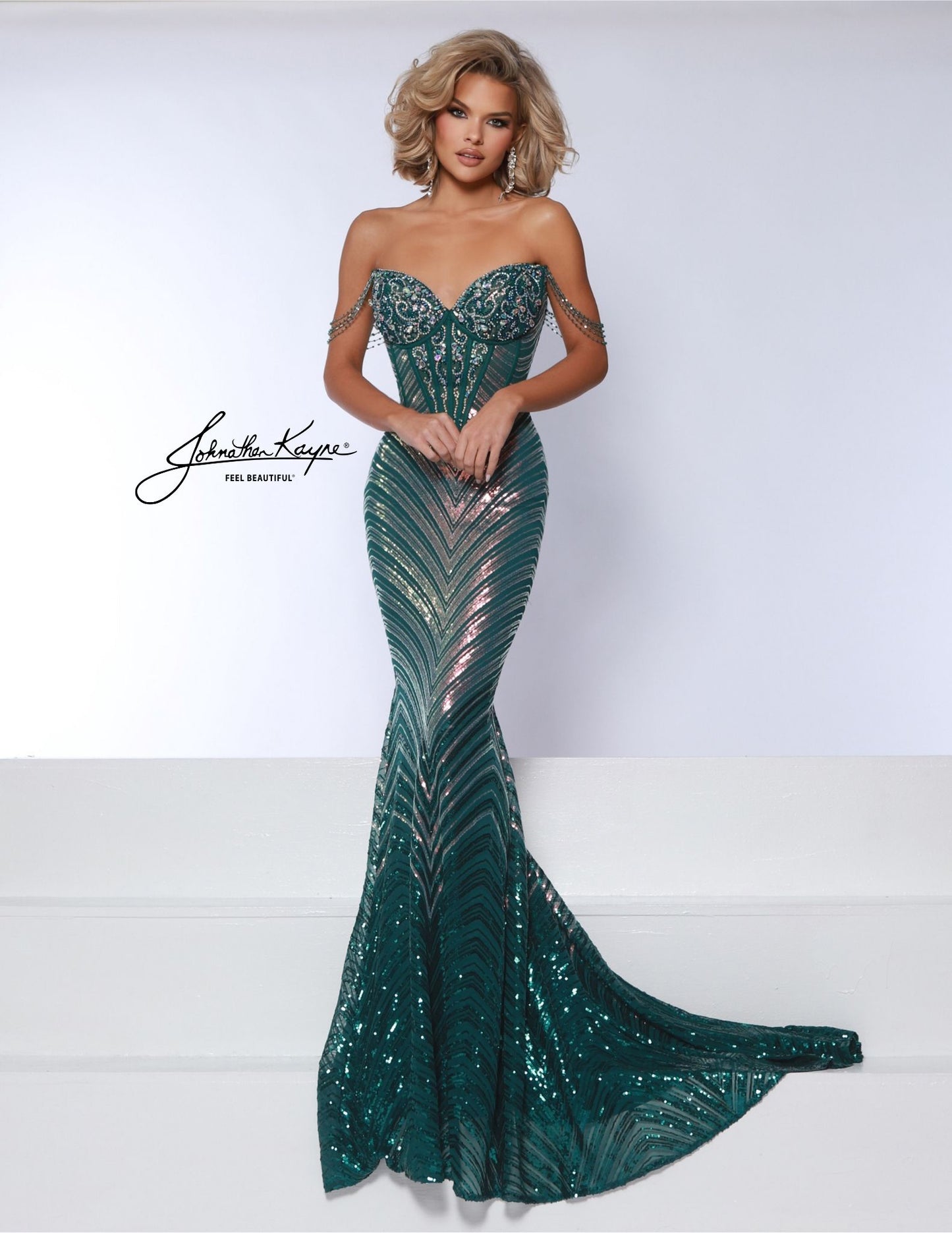 Johnathan Kayne 3087 Off the Shoulder Prom Dress Sequin Power Mesh Corset Bead Straps