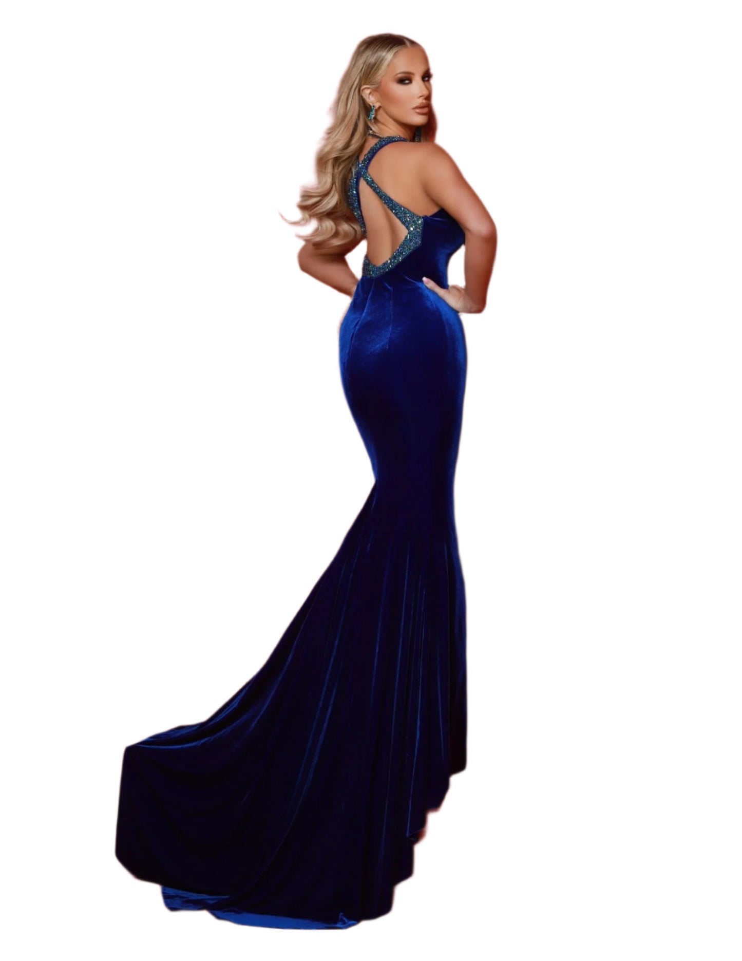 Expertly designed by Johnathan Kayne, the 3095 Velvet Backless Feather Long Sleeve Dress Formal Evening Gown Slit exudes elegance and sophistication. Made with luxurious velvet and featuring a stunning backless design and delicate feather accents, this dress is perfect for formal occasions and will make you feel like a true fashion icon.&nbsp;It’s a femininomenon! Own the room in this lavish stretch velvet dress with detachable feather sleeves. Dazzling beadwork graces the neckline and chic razor-back strap