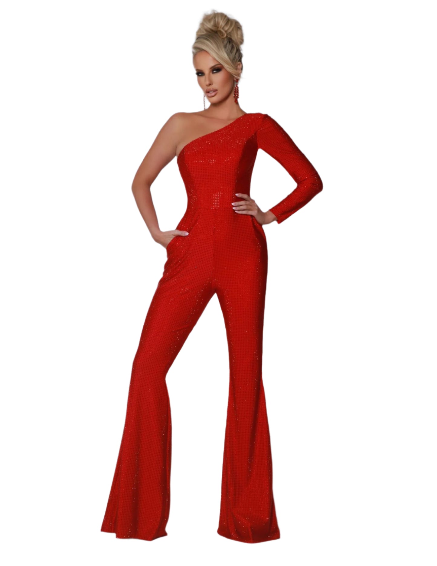 Experience elegance and innovation with the Johnathan Kayne 3103 Crystal Sleeve Jumpsuit. This stunning piece features a crystal embellished long sleeve and one shoulder design, along with a sleek overskirt and convenient pockets. Perfect for formal events, this jumpsuit combines style and functionality in one unique package. This one-shoulder long sleeve jumpsuit is elevated by a stunning mirror organza overskirt that’s designed to make a memorable impact. Enhanced by intricate beadwork that catches the li