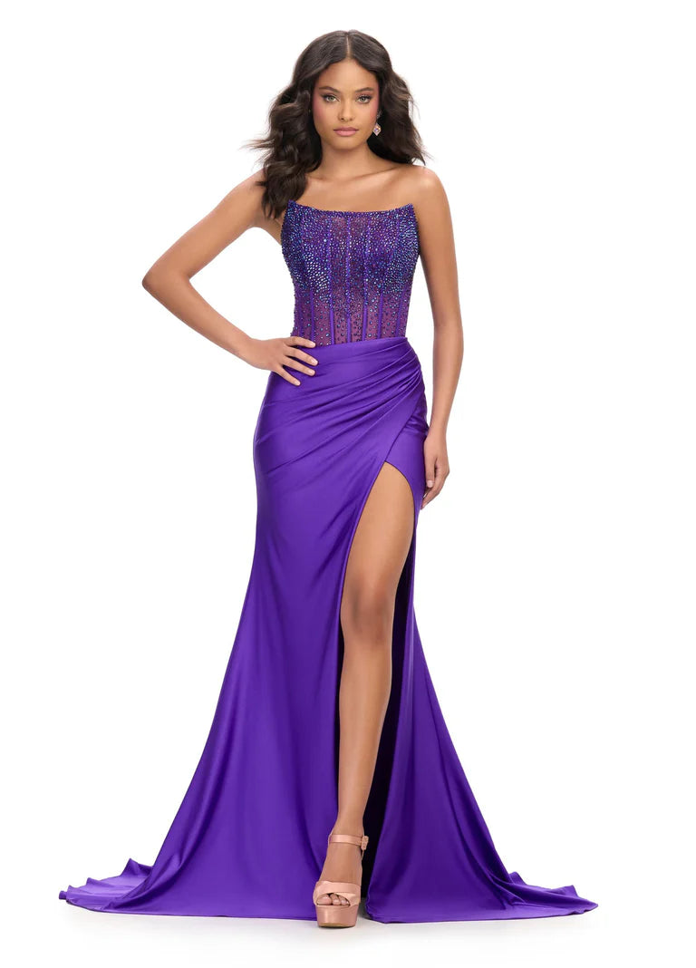 Ashley Lauren 11690 Crystal Corset Prom Dress Fitted Jersey Slit Formal Gown