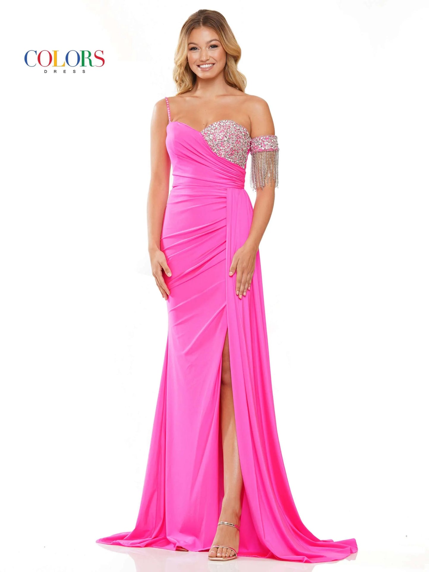 Colors Dress 3275 Fitted Ruched Slit Overskirt Prom Dress Fringe Pageant  Crystal One Shoulder