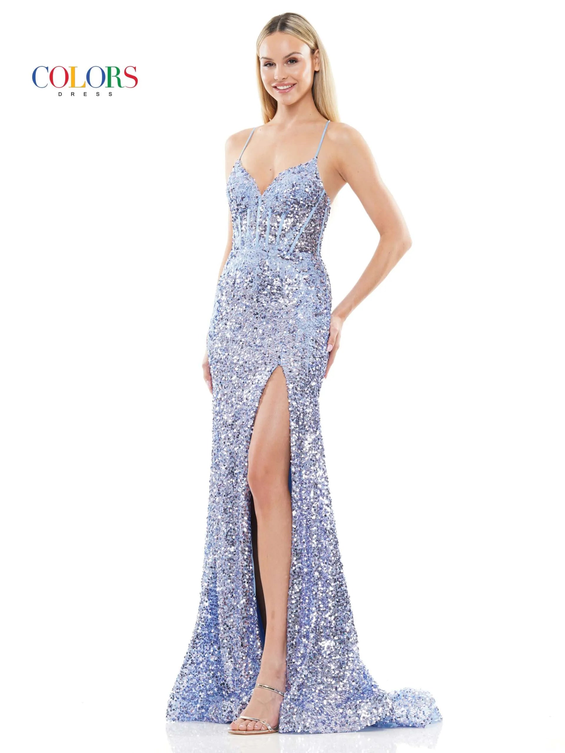 Colors Dress 3299 Long Fitted Sequin Lace Prom Dress Backless Corset s ...