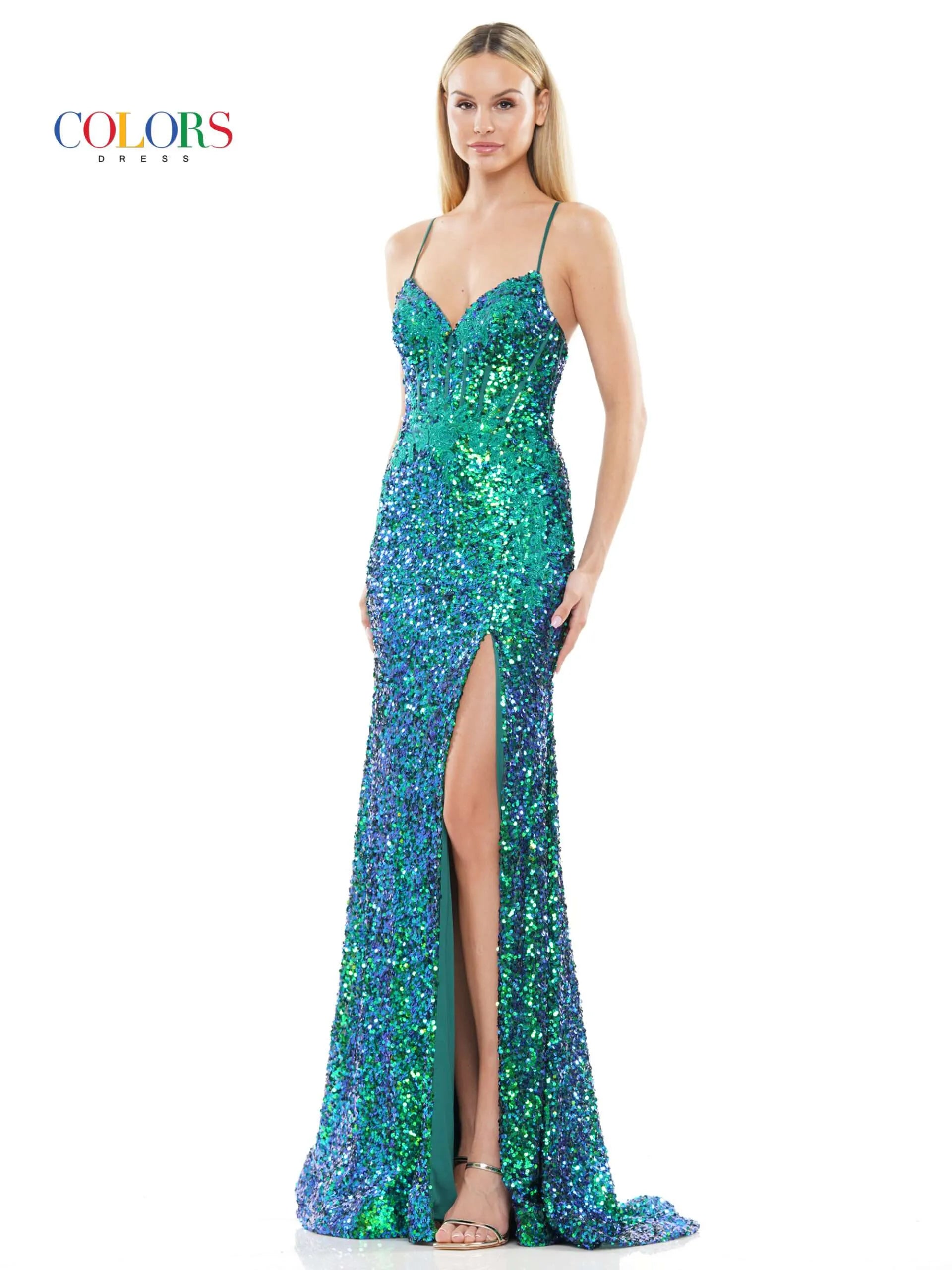 Colors Dress 3299 Long Fitted Sequin Lace Prom Dress Backless Corset s ...