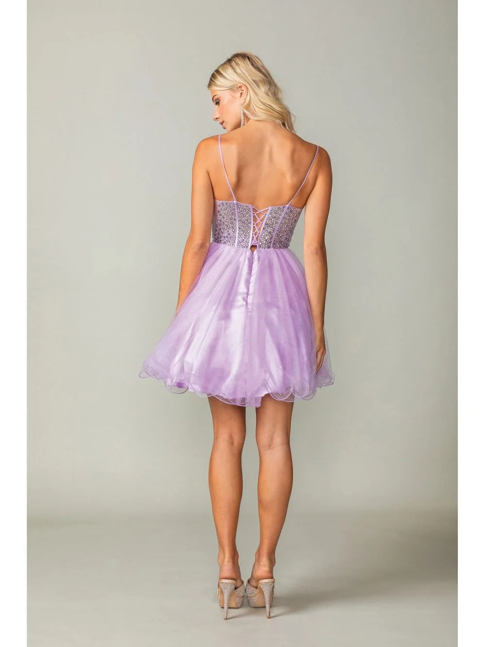 DQ 3353 sz 2 sage Crystal sheer Homecoming Dress Corset Cocktail Dress with plunging neckline