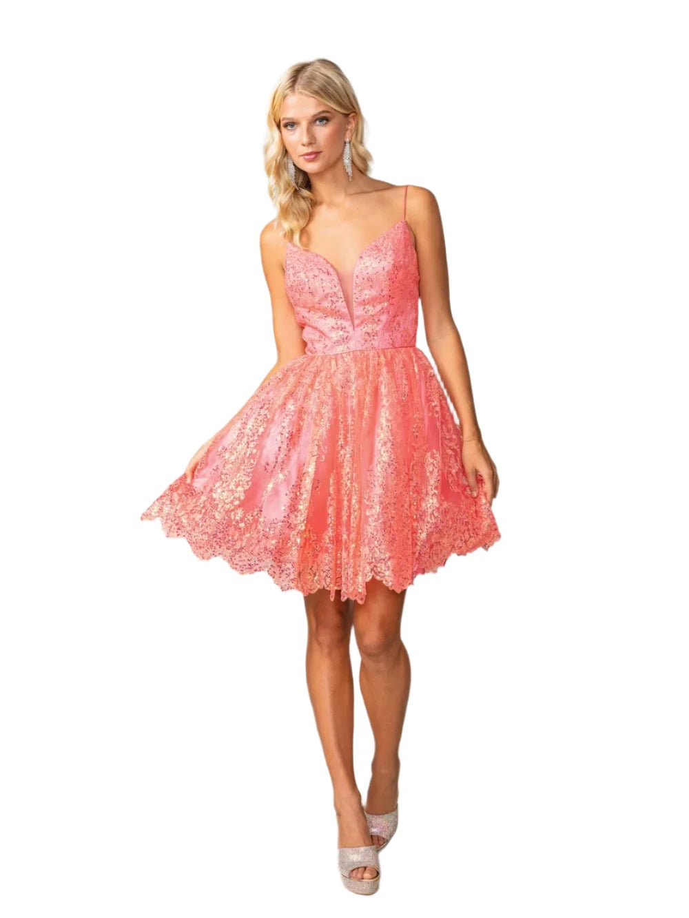 Upgrade your style with the DQ 3358 Size 4 Coral Glitter Homecoming Dress. The corset and A-line design flatters your figure, while the vibrant coral color and shimmering fabric make a bold statement. With a V-neckline and formal silhouette, this cocktail gown is perfect for any special occasion.