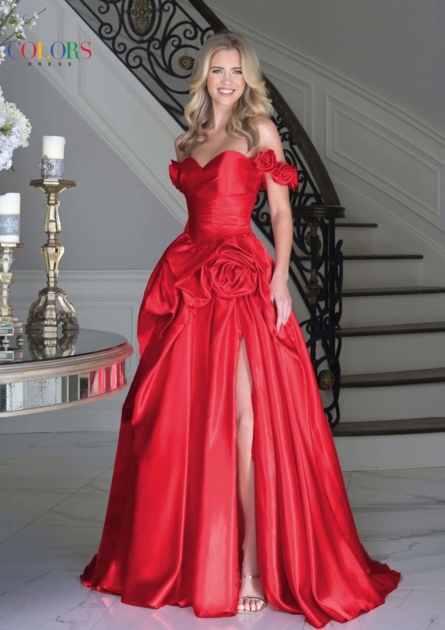 Colors Dress 3521 Satin Ballgown Maxi Slit Prom Dress off the Shoulder Formal Evening Gown